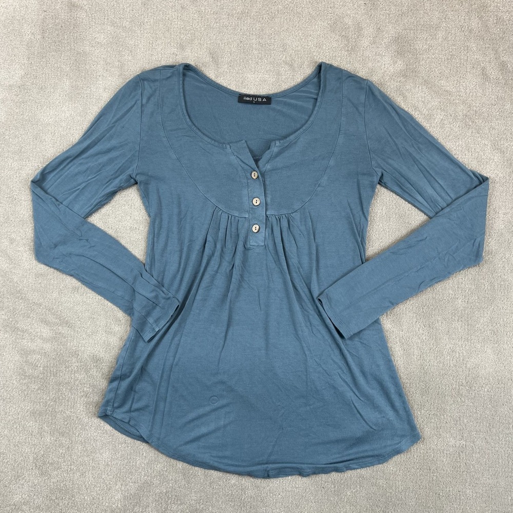 Iliad USA Small Blue Long Sleeve Henley Pleated Y2K Scoop Neck Top
